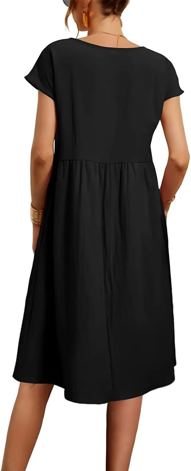 Dresses That Hide Tummy Bulge Women's Solid Ruched Waist A-Line Midi Dress with Stretchy Fabric