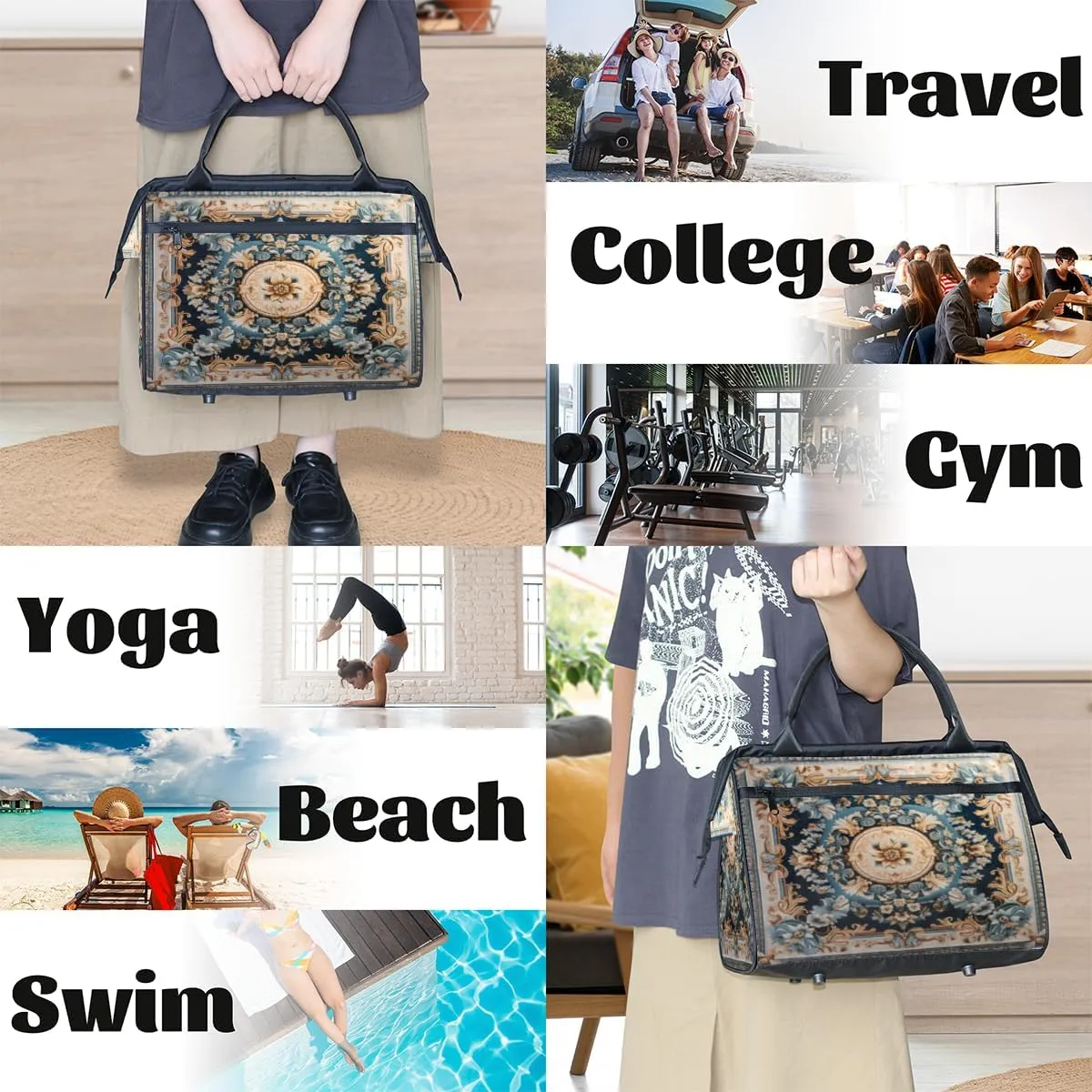 Duffel Bags Gym Bag for Women Men, Travel Duffel Bag with Trolley Sleeve, Waterproof Sports Gym Bag Weekender Overnight Bag Carry On Tote Bag for Gym Travel Sport, Carpet Style Flowers Patterns