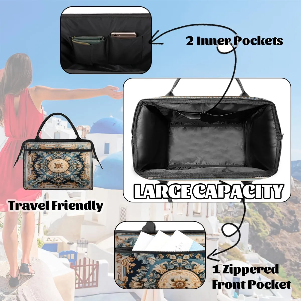 Duffel Bags Gym Bag for Women Men, Travel Duffel Bag with Trolley Sleeve, Waterproof Sports Gym Bag Weekender Overnight Bag Carry On Tote Bag for Gym Travel Sport, Carpet Style Flowers Patterns