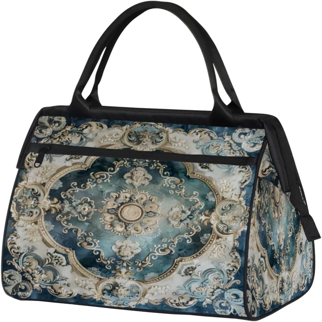 Duffel Bags Gym Bag for Women Men, Travel Duffel Bag with Trolley Sleeve, Waterproof Sports Gym Weekender Overnight Carry On Tote Bag for Gym Travel Sport, White Tile Flowers Ornament