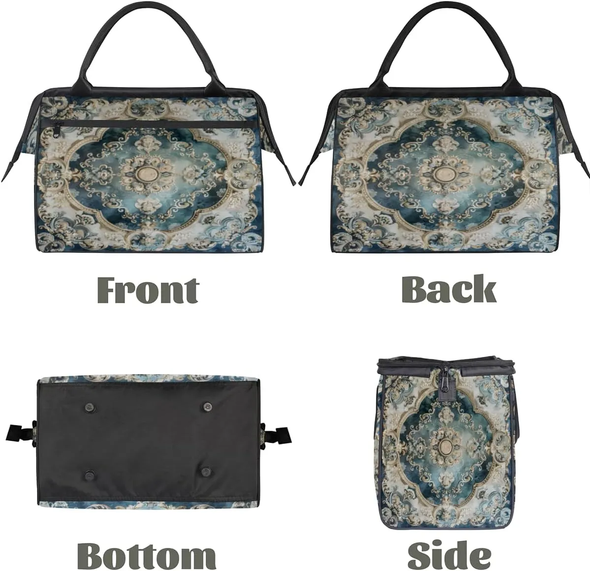 Duffel Bags Gym Bag for Women Men, Travel Duffel Bag with Trolley Sleeve, Waterproof Sports Gym Weekender Overnight Carry On Tote Bag for Gym Travel Sport, White Tile Flowers Ornament
