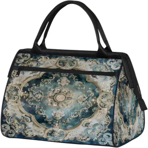 Duffel Bags Gym Bag for Women Men, Travel Duffel Bag with Trolley Sleeve, Waterproof Sports Gym Weekender Overnight Carry On Tote Bag for Gym Travel Sport, White Tile Flowers Ornament