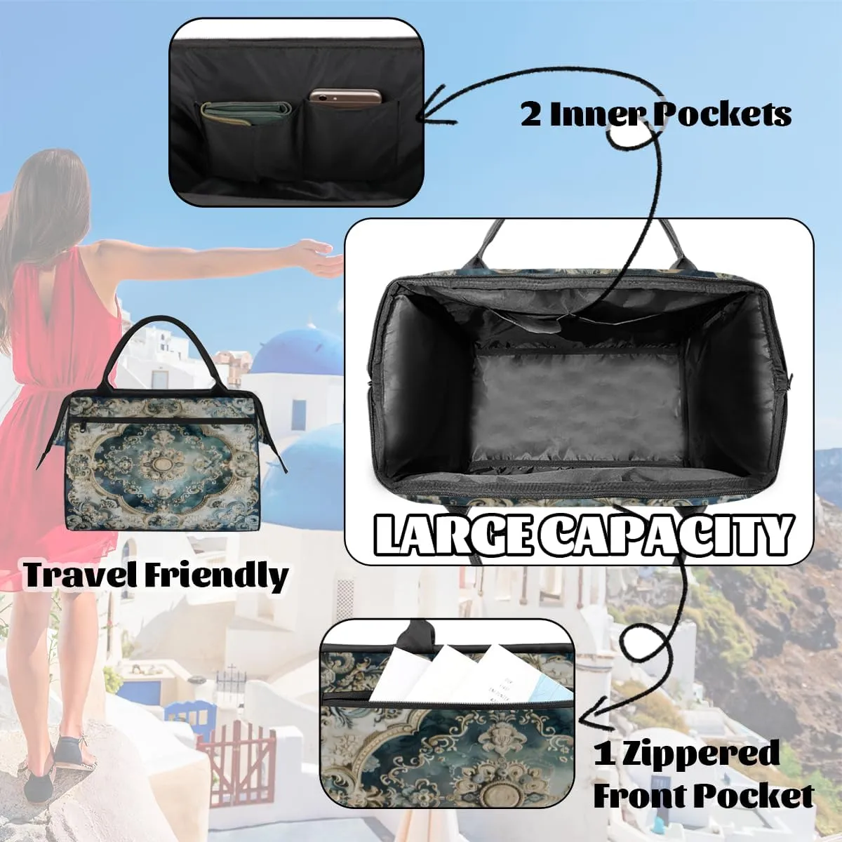 Duffel Bags Gym Bag for Women Men, Travel Duffel Bag with Trolley Sleeve, Waterproof Sports Gym Weekender Overnight Carry On Tote Bag for Gym Travel Sport, White Tile Flowers Ornament