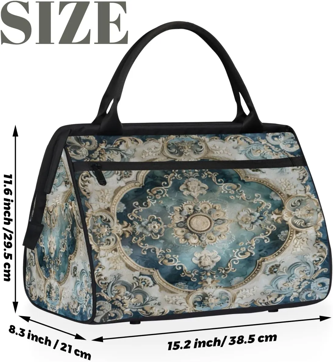 Duffel Bags Gym Bag for Women Men, Travel Duffel Bag with Trolley Sleeve, Waterproof Sports Gym Weekender Overnight Carry On Tote Bag for Gym Travel Sport, White Tile Flowers Ornament