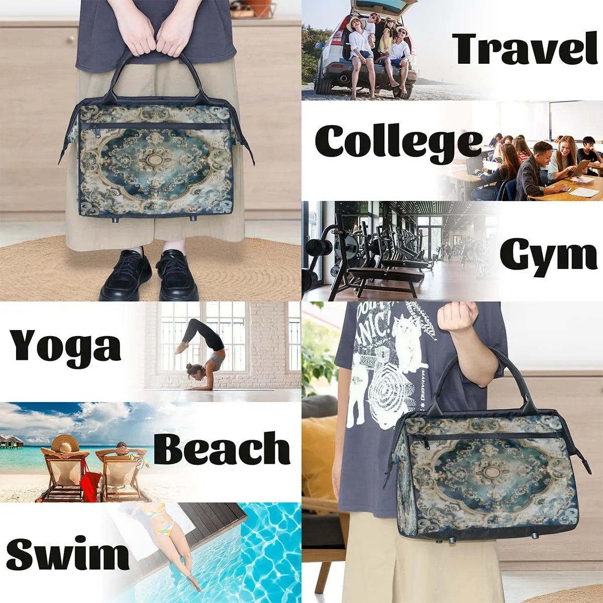 Duffel Bags Gym Bag for Women Men, Travel Duffel Bag with Trolley Sleeve, Waterproof Sports Gym Weekender Overnight Carry On Tote Bag for Gym Travel Sport, White Tile Flowers Ornament