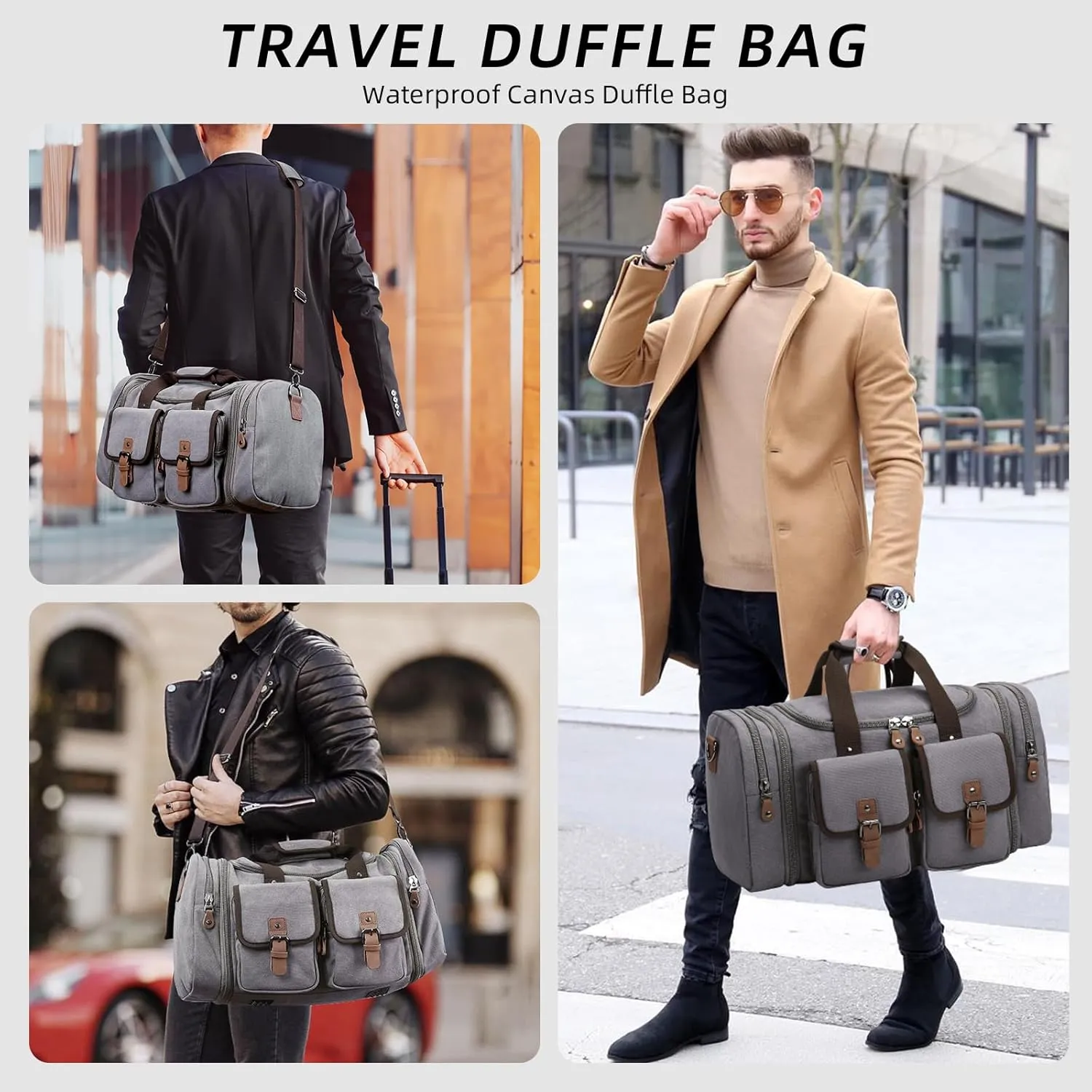 Duffle Bag for Travel, Expandable Waterproof Overnight Weekender Gym Carry On Bag 50L Canvas Duffel Bags with Suitcase Handle Sleeve for Men Women(Grey)
