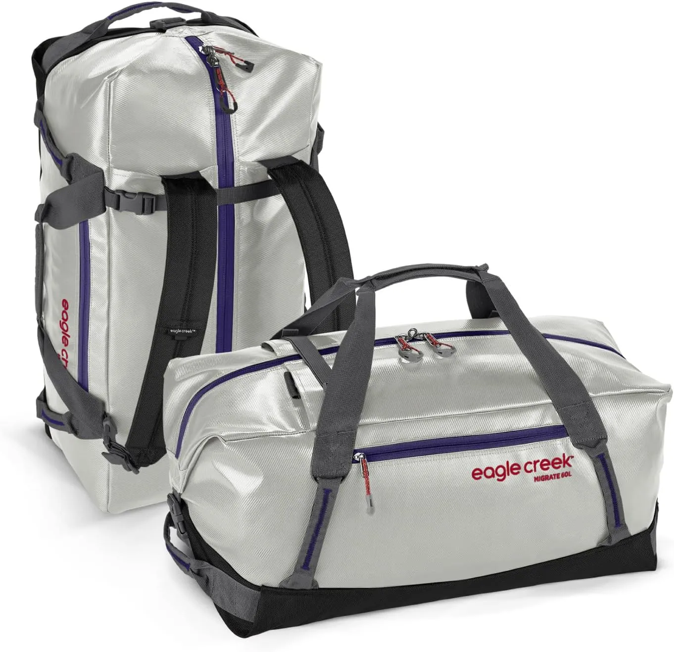 Eagle Creek Migrate 60L Travel Backpack Duffle Bag with Tuck-Away Backpack Straps, Full-Access Wide Mouth Opening & Seamless Bottom Bathtub Construction, Silver