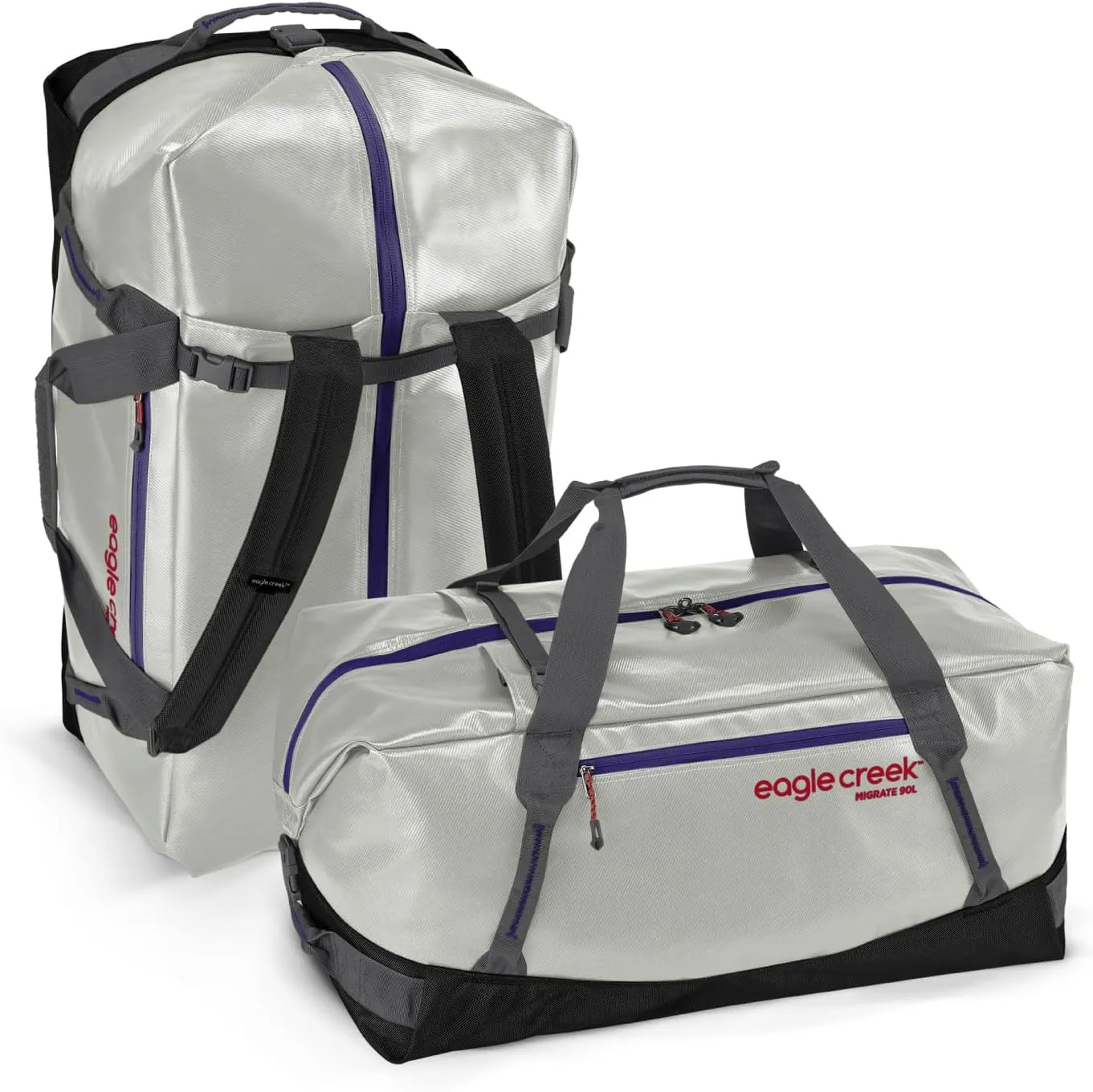 Eagle Creek Migrate 90L Travel Backpack Duffle Bag with Tuck-Away Backpack Straps, Full-Access Wide Mouth Opening & Seamless Bottom Bathtub Construction, Silver