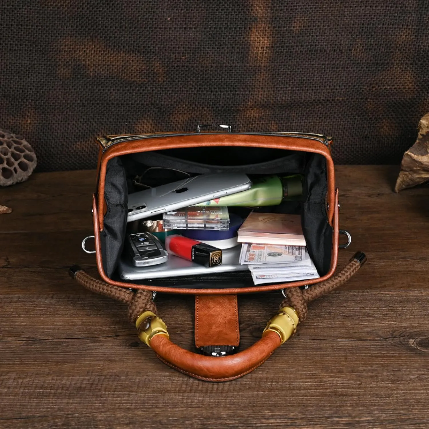 Embossed Rubbing Color Lock Clip Bag, Bamboo Hemp Rope Hand Handle, Cross-Body Dual-Purpose Women's Bag