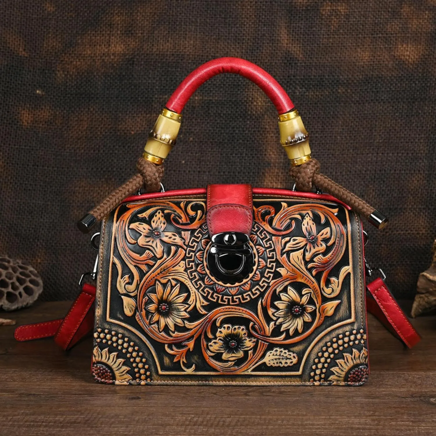 Embossed Rubbing Color Lock Clip Bag, Bamboo Hemp Rope Hand Handle, Cross-Body Dual-Purpose Women's Bag