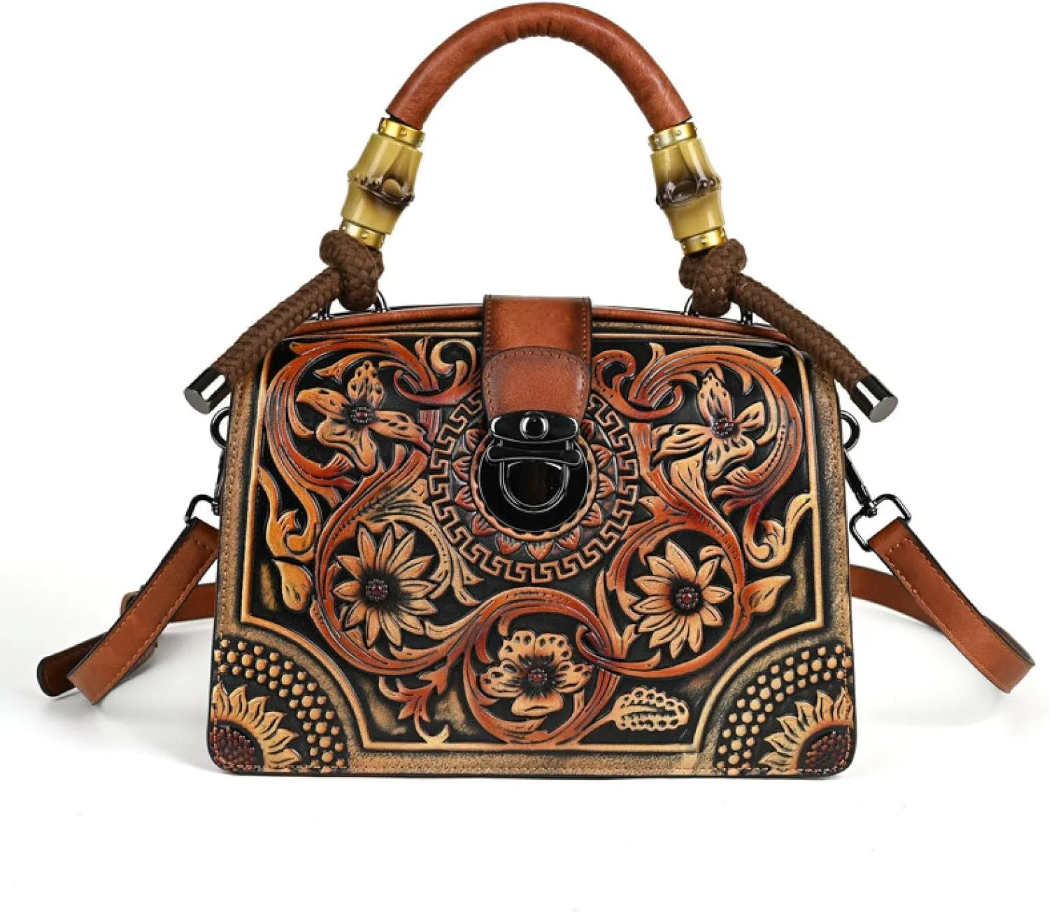 Embossed Rubbing Color Lock Clip Bag, Bamboo Hemp Rope Hand Handle, Cross-Body Dual-Purpose Women's Bag