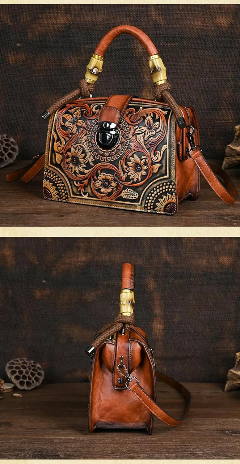 Embossed Rubbing Color Lock Clip Bag, Bamboo Hemp Rope Hand Handle, Cross-Body Dual-Purpose Women's Bag