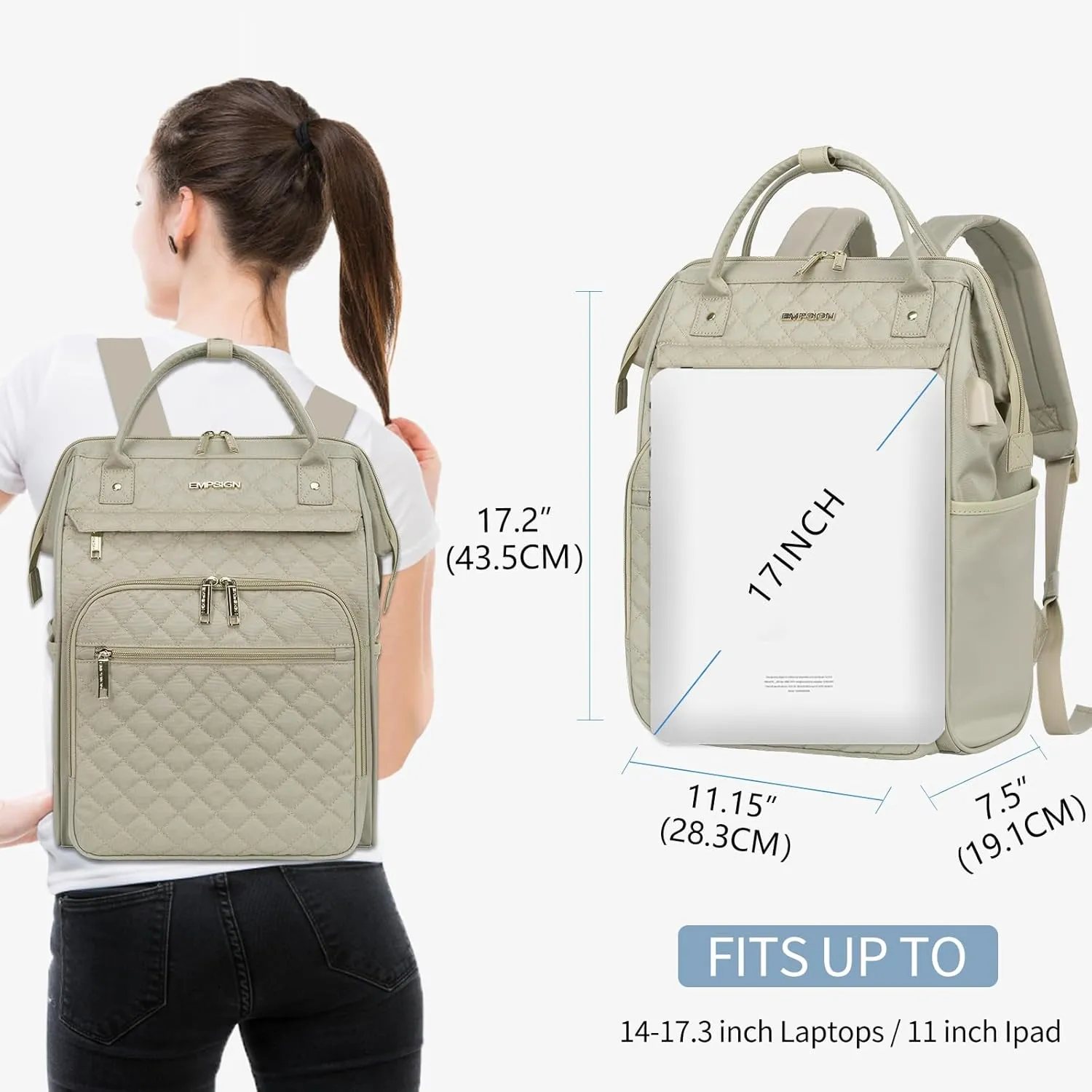 EMPSIGN 17 Inch Laptop Backpack for Women, Work Business Travel Computer College Bags, Large Capacity Water-repellent Quilted Casual Daypack with USB Port, Light khaki