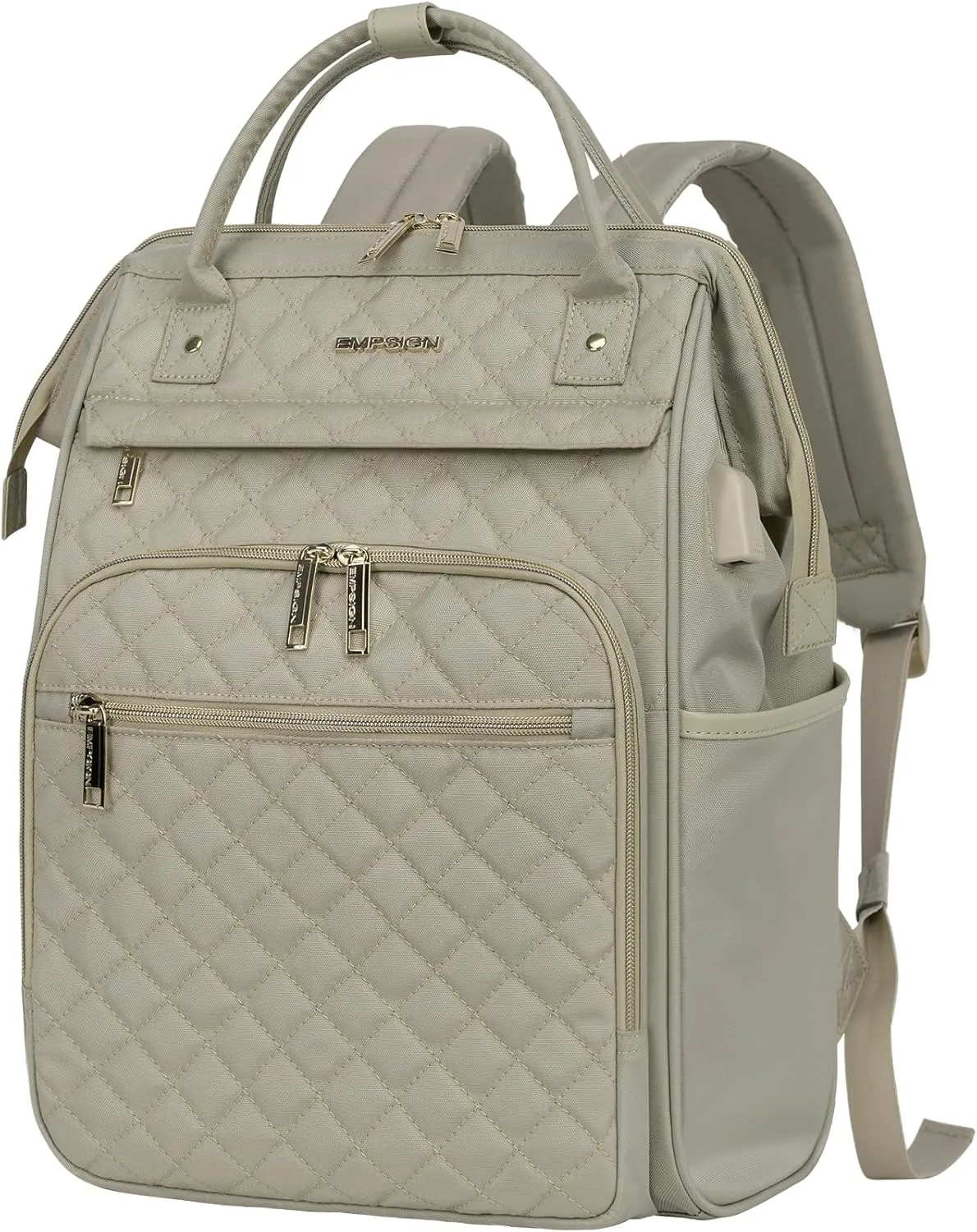 EMPSIGN 17 Inch Laptop Backpack for Women, Work Business Travel Computer College Bags, Large Capacity Water-repellent Quilted Casual Daypack with USB Port, Light khaki