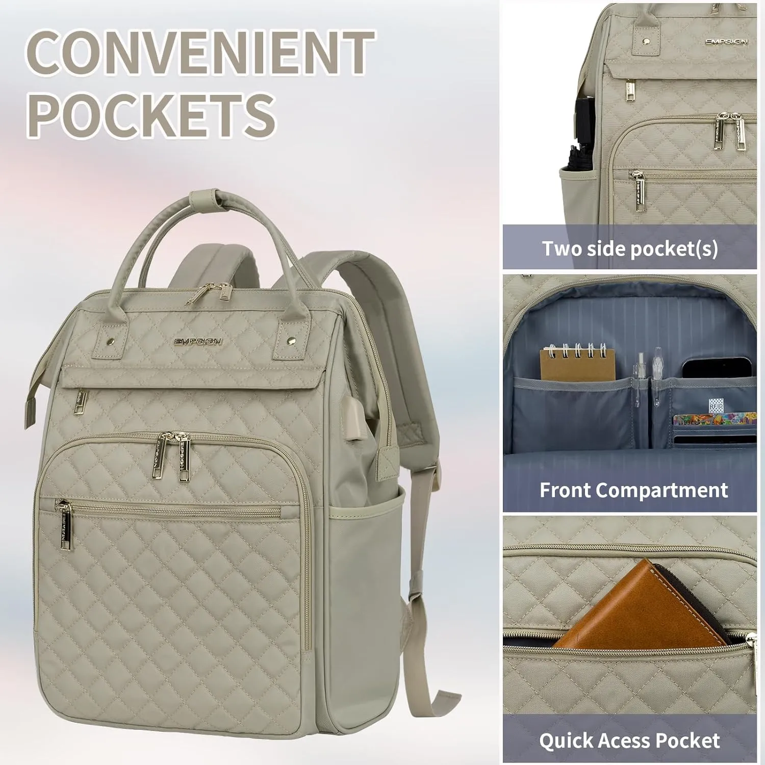 EMPSIGN 17 Inch Laptop Backpack for Women, Work Business Travel Computer College Bags, Large Capacity Water-repellent Quilted Casual Daypack with USB Port, Light khaki
