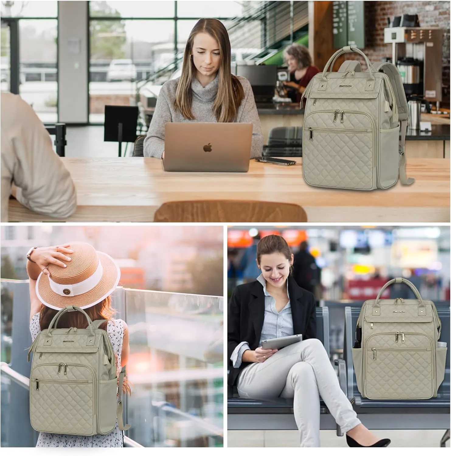 EMPSIGN 17 Inch Laptop Backpack for Women, Work Business Travel Computer College Bags, Large Capacity Water-repellent Quilted Casual Daypack with USB Port, Light khaki