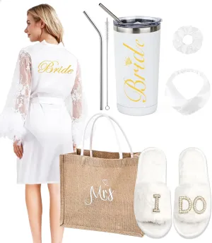 EPLAZA Bride Robe for Wedding Day Set with Slippers Tumbler Tote Bridal Robes Feather Lace Satin Robe for Bachelorette Party