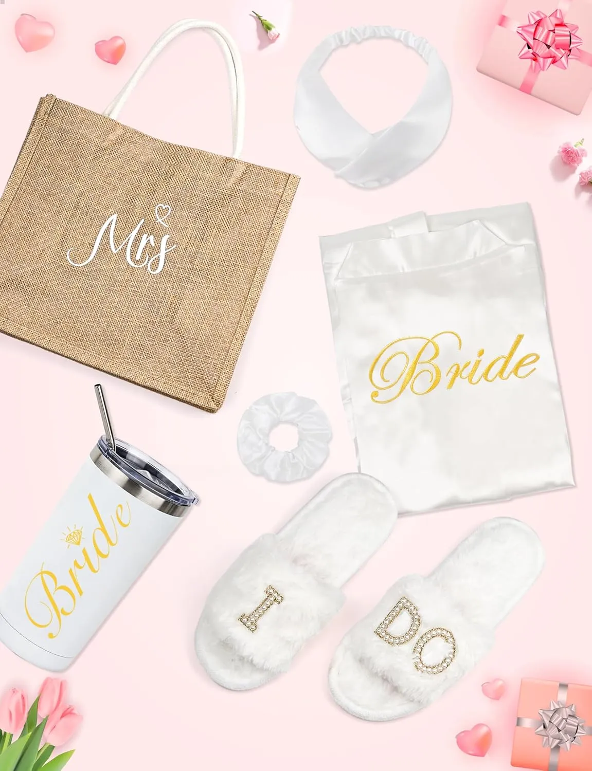 EPLAZA Bride Robe for Wedding Day Set with Slippers Tumbler Tote Bridal Robes Feather Lace Satin Robe for Bachelorette Party