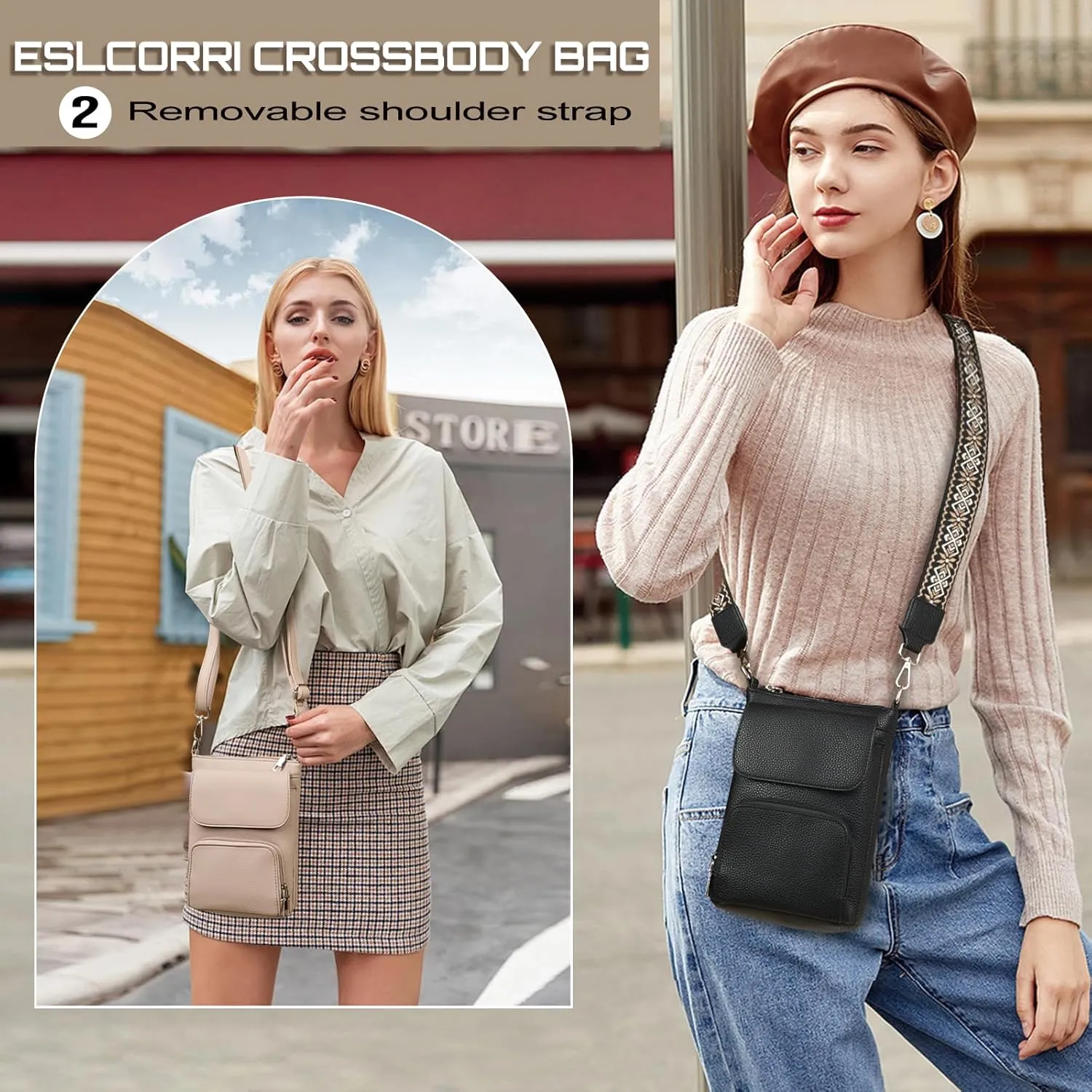 Eslcorri Small Crossbody Bags for Women Leather Cell Phone Purse Multi Pocket Wallet Shoulder Handbag with Card Slots