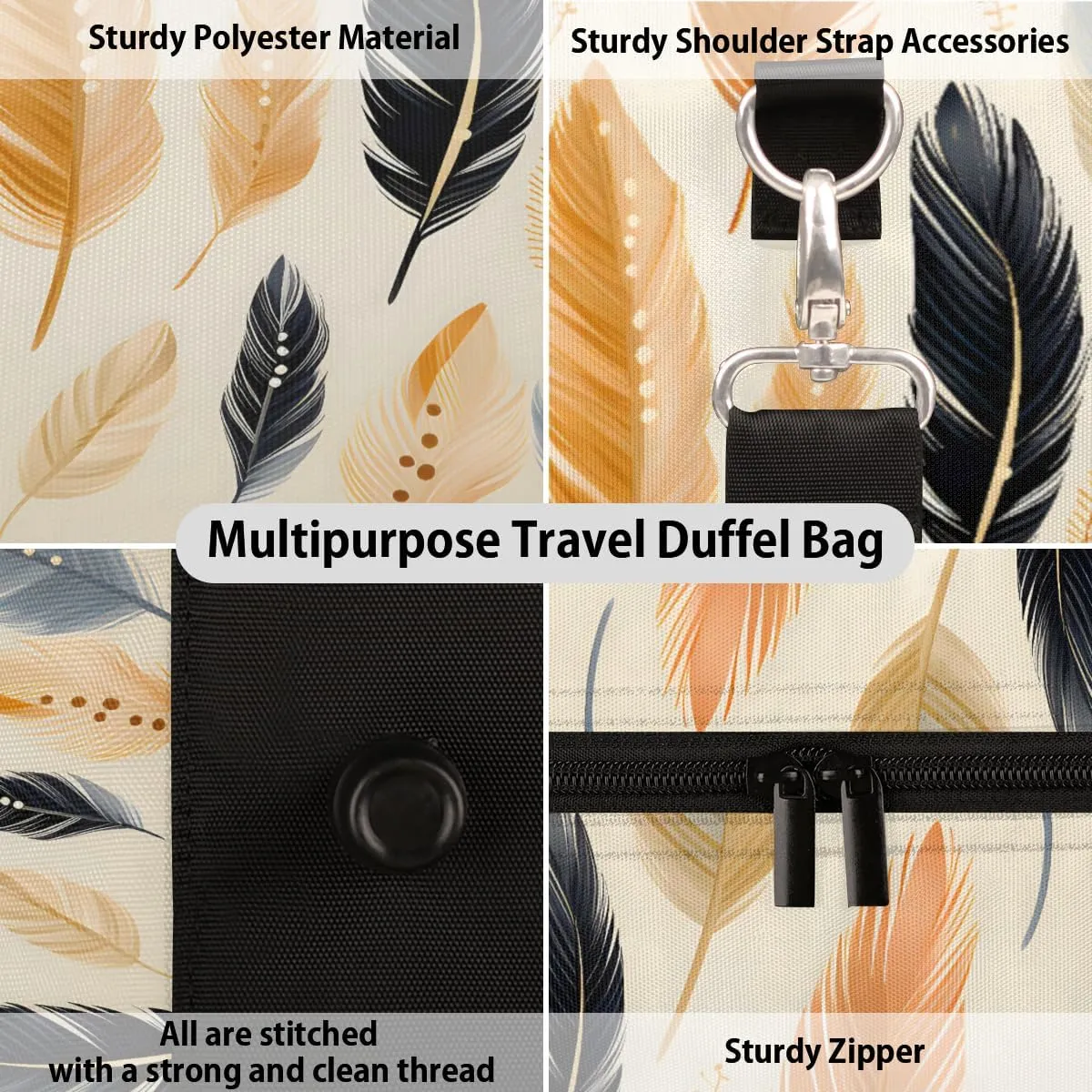 Ethnic Feathers Travel Duffle Bag, Sports Gym Bags for Women Men, Carry On Weekender Overnight Workout Airplane Trips Bag