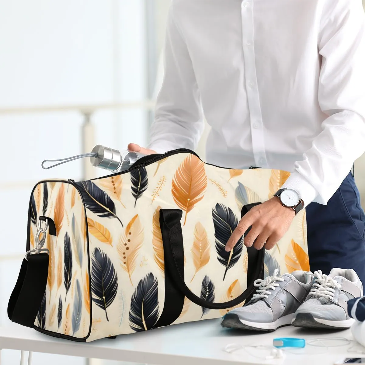 Ethnic Feathers Travel Duffle Bag, Sports Gym Bags for Women Men, Carry On Weekender Overnight Workout Airplane Trips Bag