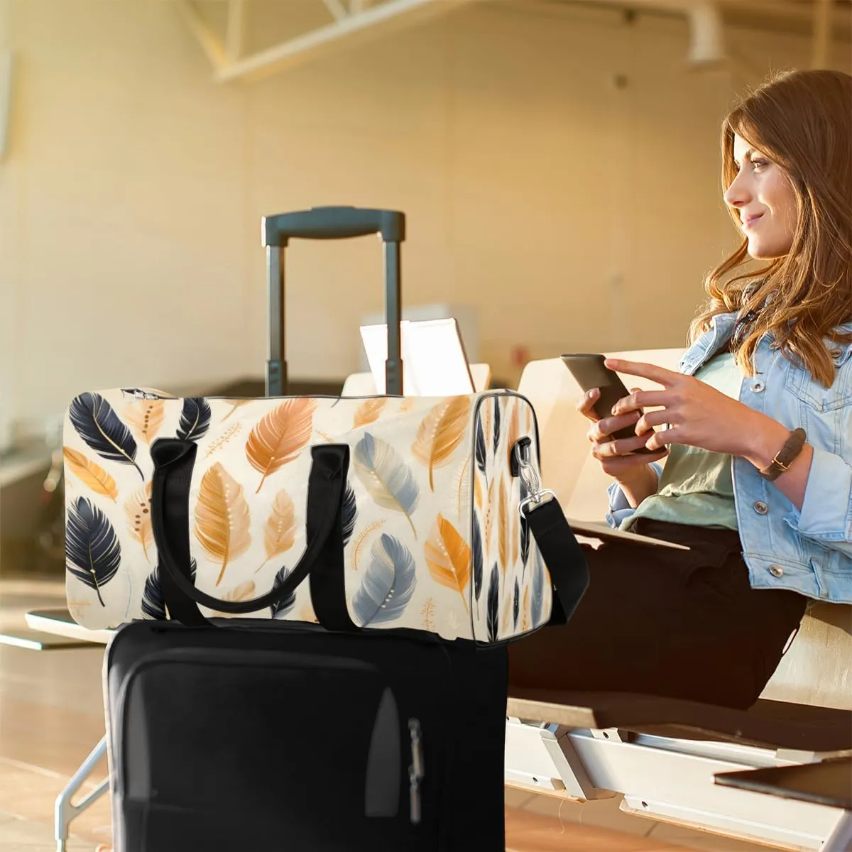 Ethnic Feathers Travel Duffle Bag, Sports Gym Bags for Women Men, Carry On Weekender Overnight Workout Airplane Trips Bag