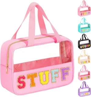 eurovicky Chenille Letter Patch Clear Makeup Bag, Preppy Nylon Makeup Bag with Handle and Zipper, Waterproof Large Clear Travel Toiletry Bag Storage Bag for Women (Sweet Pink-STUFF)