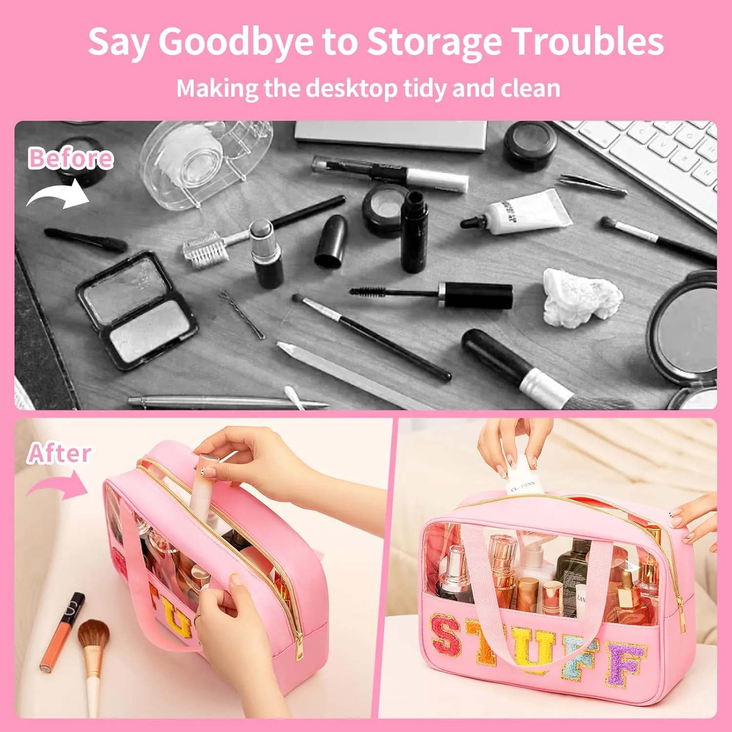 eurovicky Chenille Letter Patch Clear Makeup Bag, Preppy Nylon Makeup Bag with Handle and Zipper, Waterproof Large Clear Travel Toiletry Bag Storage Bag for Women (Sweet Pink-STUFF)