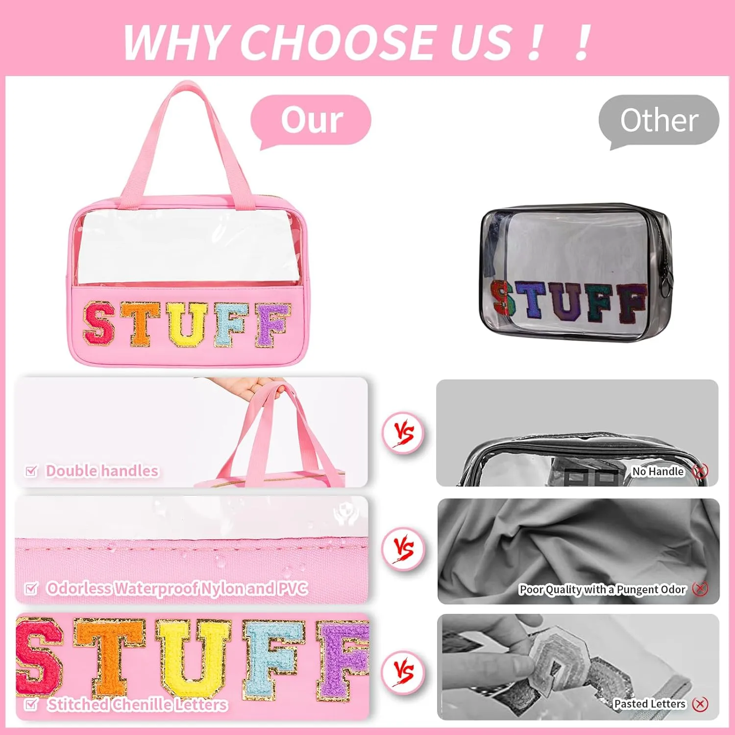 eurovicky Chenille Letter Patch Clear Makeup Bag, Preppy Nylon Makeup Bag with Handle and Zipper, Waterproof Large Clear Travel Toiletry Bag Storage Bag for Women (Sweet Pink-STUFF)