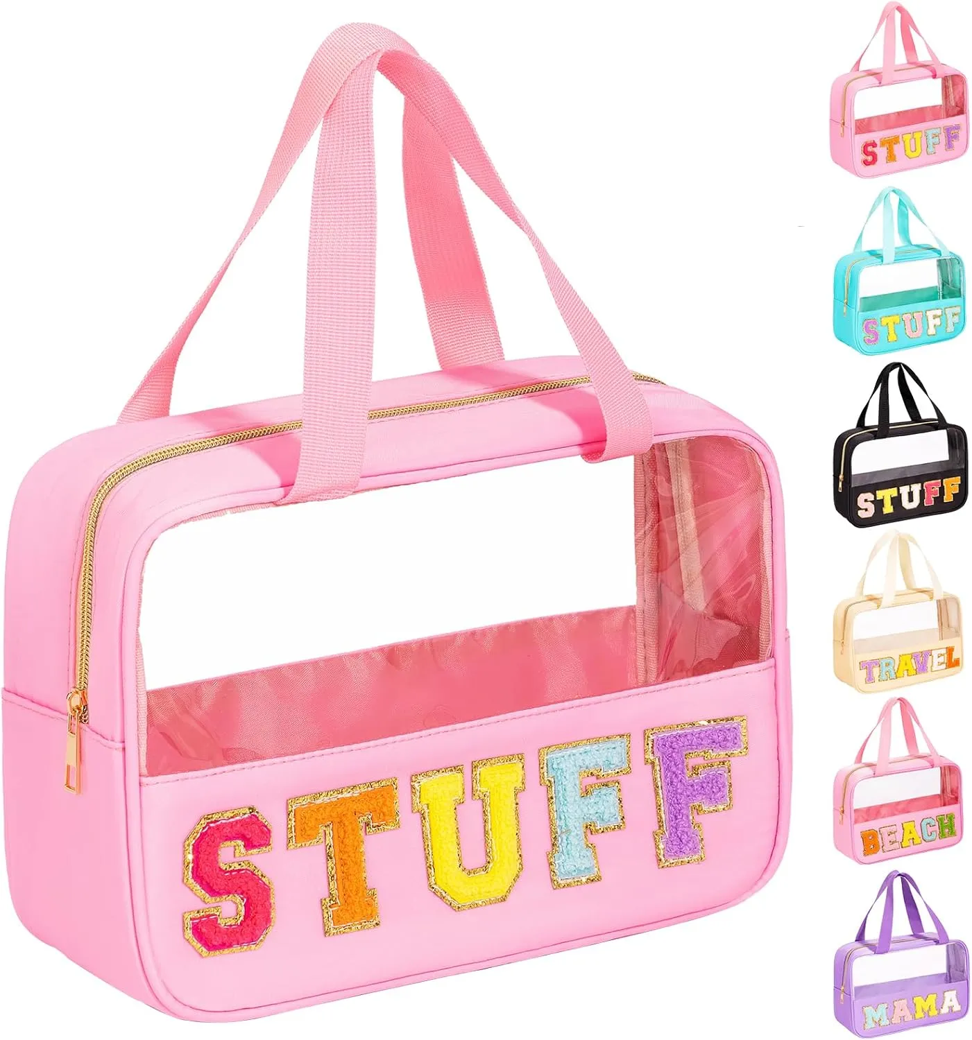 eurovicky Chenille Letter Patch Clear Makeup Bag, Preppy Nylon Makeup Bag with Handle and Zipper, Waterproof Large Clear Travel Toiletry Bag Storage Bag for Women (Sweet Pink-STUFF)