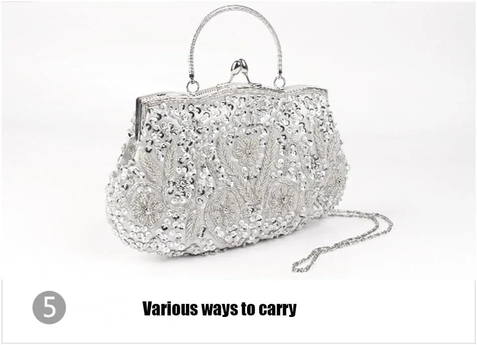 Evening Bag Beaded Sequin Design Flower Evening Purse Large Clutch Bag for Wedding Party Prom