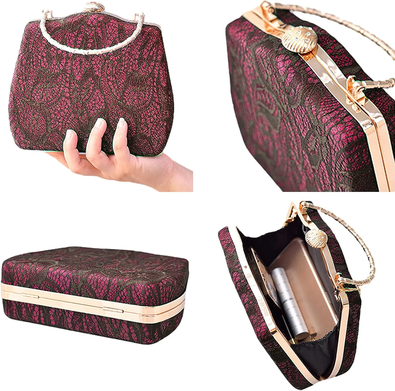 Evening Clutch Purse Bridal Lady Floral Lace PU Hard Shell Crossbody Bag Top Handle Lock Buckle Handbag Wedding Prom