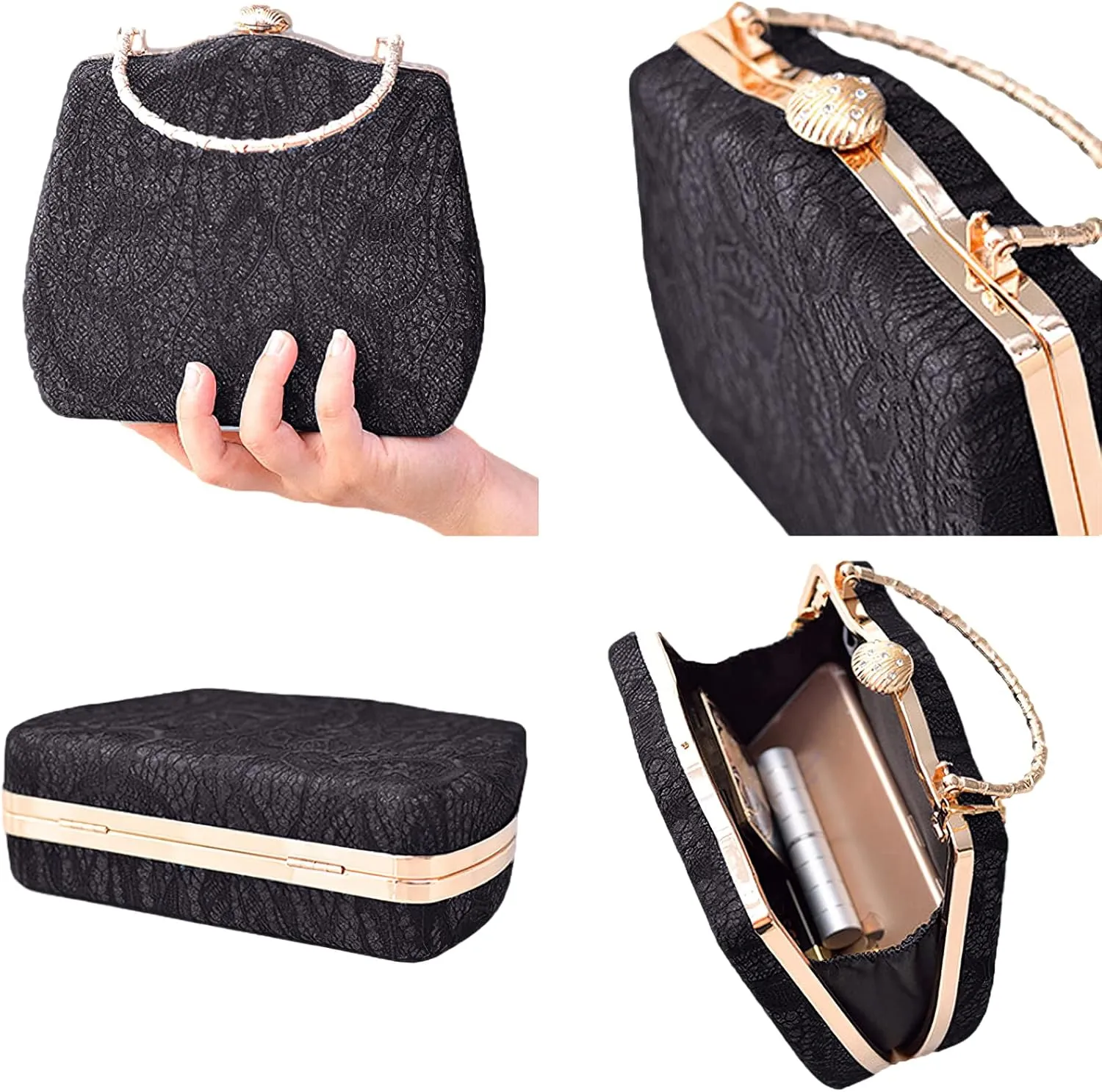 Evening Clutch Purse Bridal Lady Floral Lace PU Hard Shell Crossbody Bag Top Handle Lock Buckle Handbag Wedding Prom