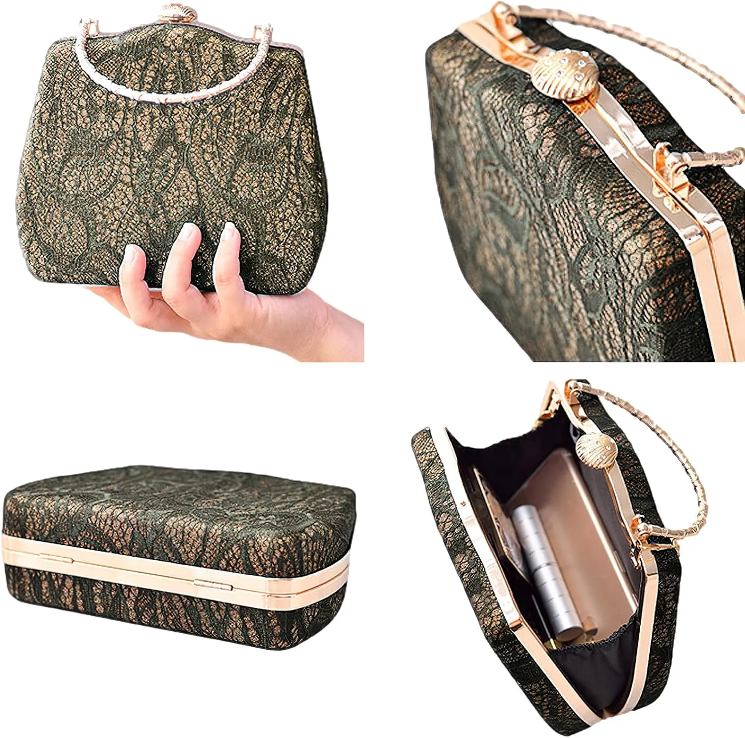 Evening Clutch Purse Bridal Lady Floral Lace PU Hard Shell Crossbody Bag Top Handle Lock Buckle Handbag Wedding Prom