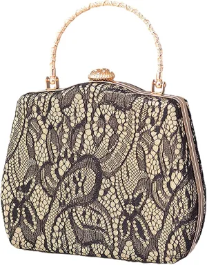 Evening Clutch Purse Bridal Lady Floral Lace PU Hard Shell Crossbody Bag Top Handle Lock Buckle Handbag Wedding Prom