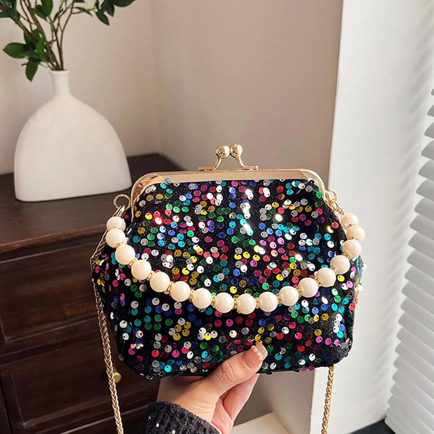 Evening Clutch Purses for Women, Glitter Sequin Crossbody Bag, Elegant Evening Handbag with Pearl for Wedding, Prom
