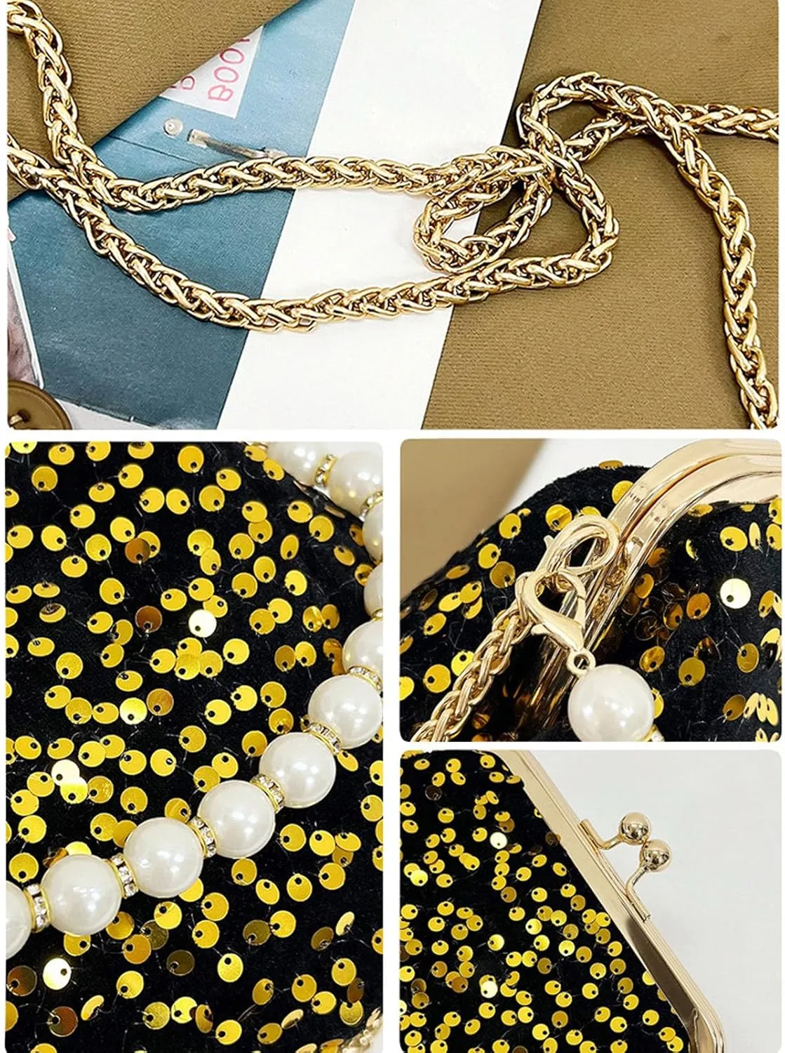 Evening Clutch Purses for Women, Glitter Sequin Crossbody Bag, Elegant Evening Handbag with Pearl for Wedding, Prom