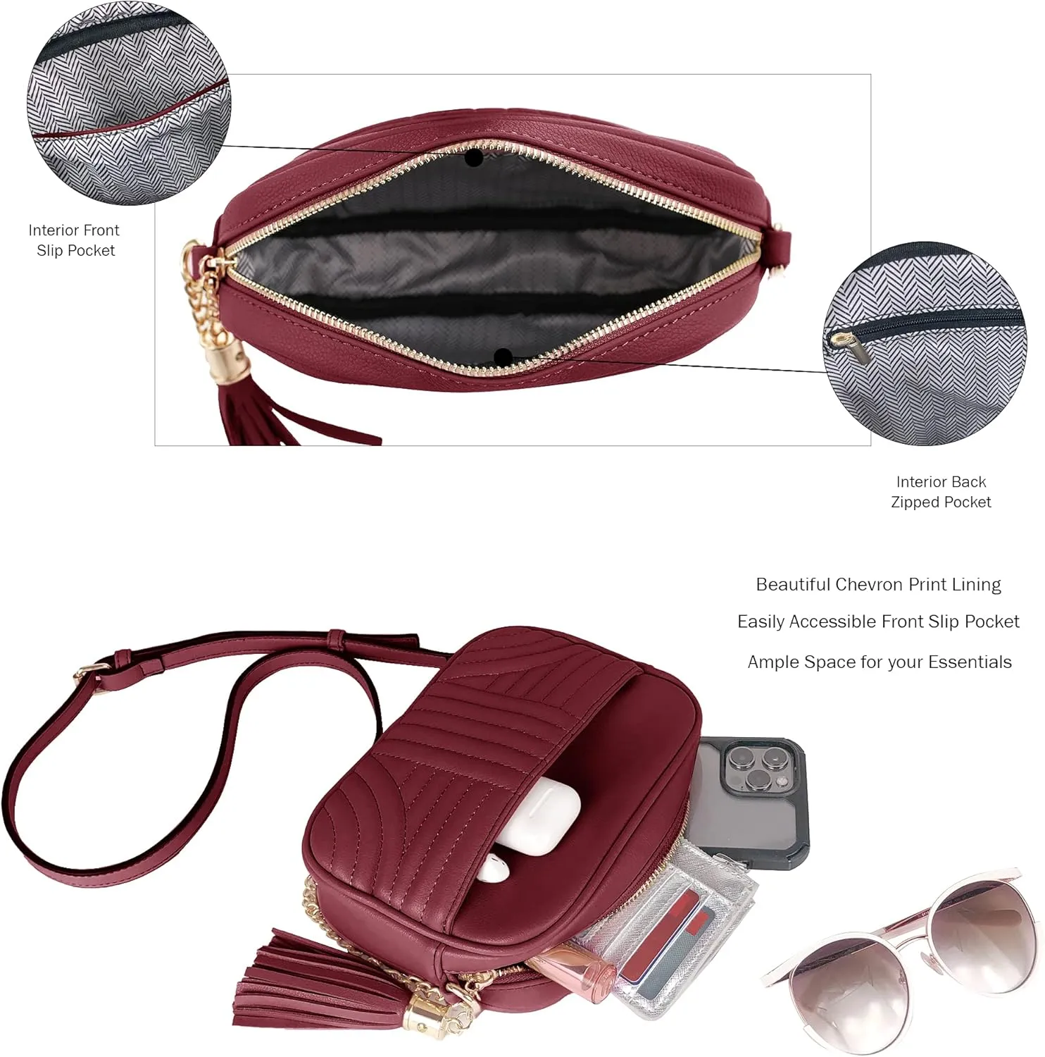 EVVE Quilted Crossbody Bags for Women - Stylish Camera Bag with Tassel - Lightweight Medium Size Shoulder Purse