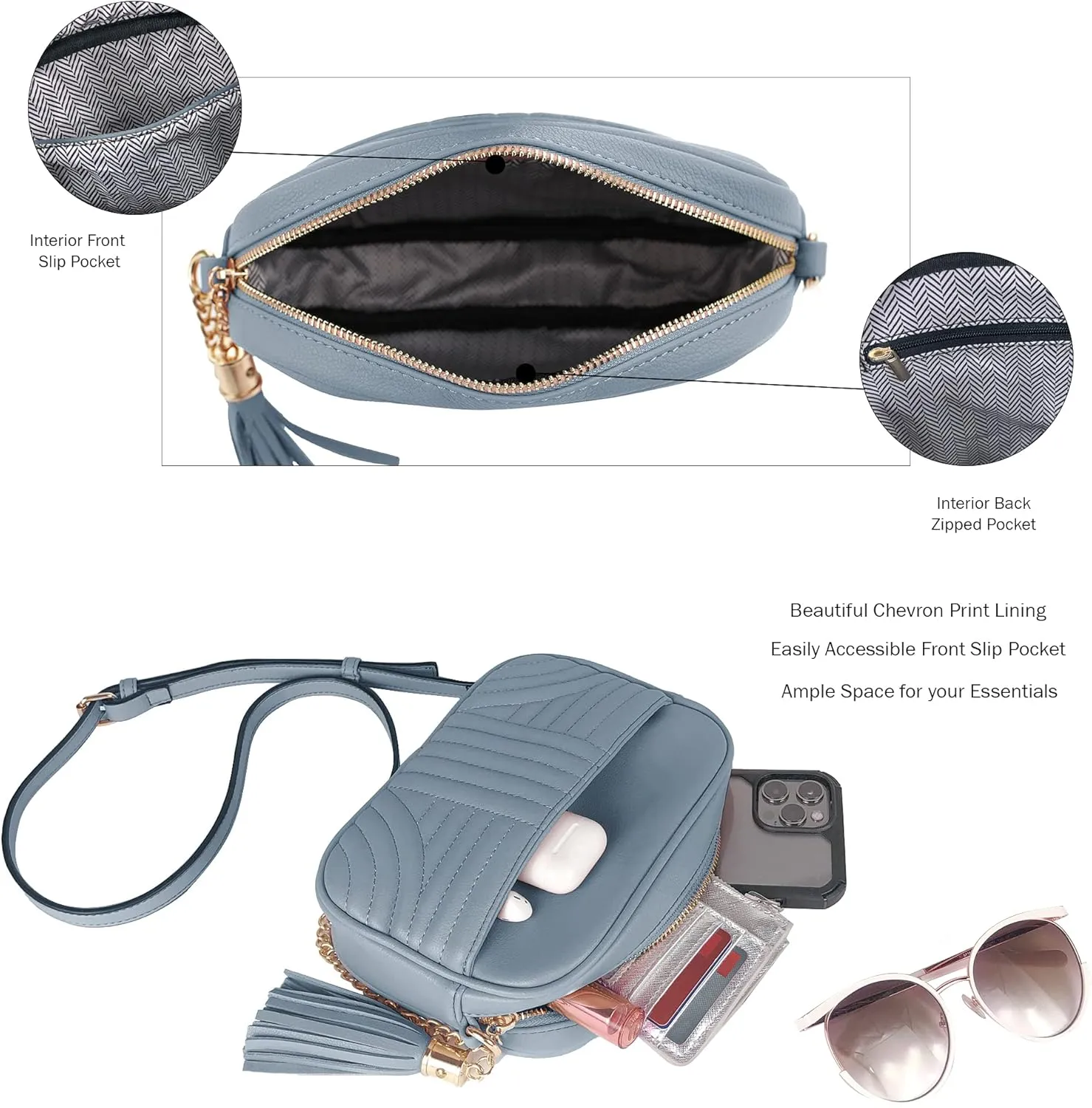 EVVE Quilted Crossbody Bags for Women - Stylish Camera Bag with Tassel - Lightweight Medium Size Shoulder Purse