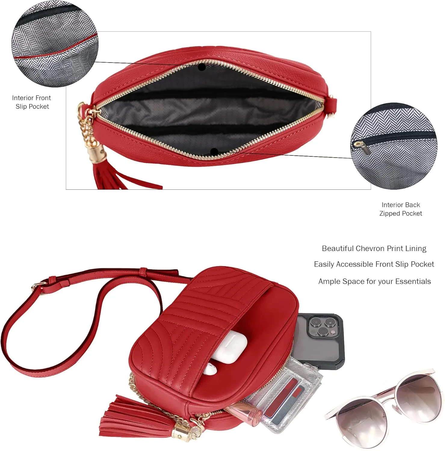 EVVE Quilted Crossbody Bags for Women - Stylish Camera Bag with Tassel - Lightweight Medium Size Shoulder Purse