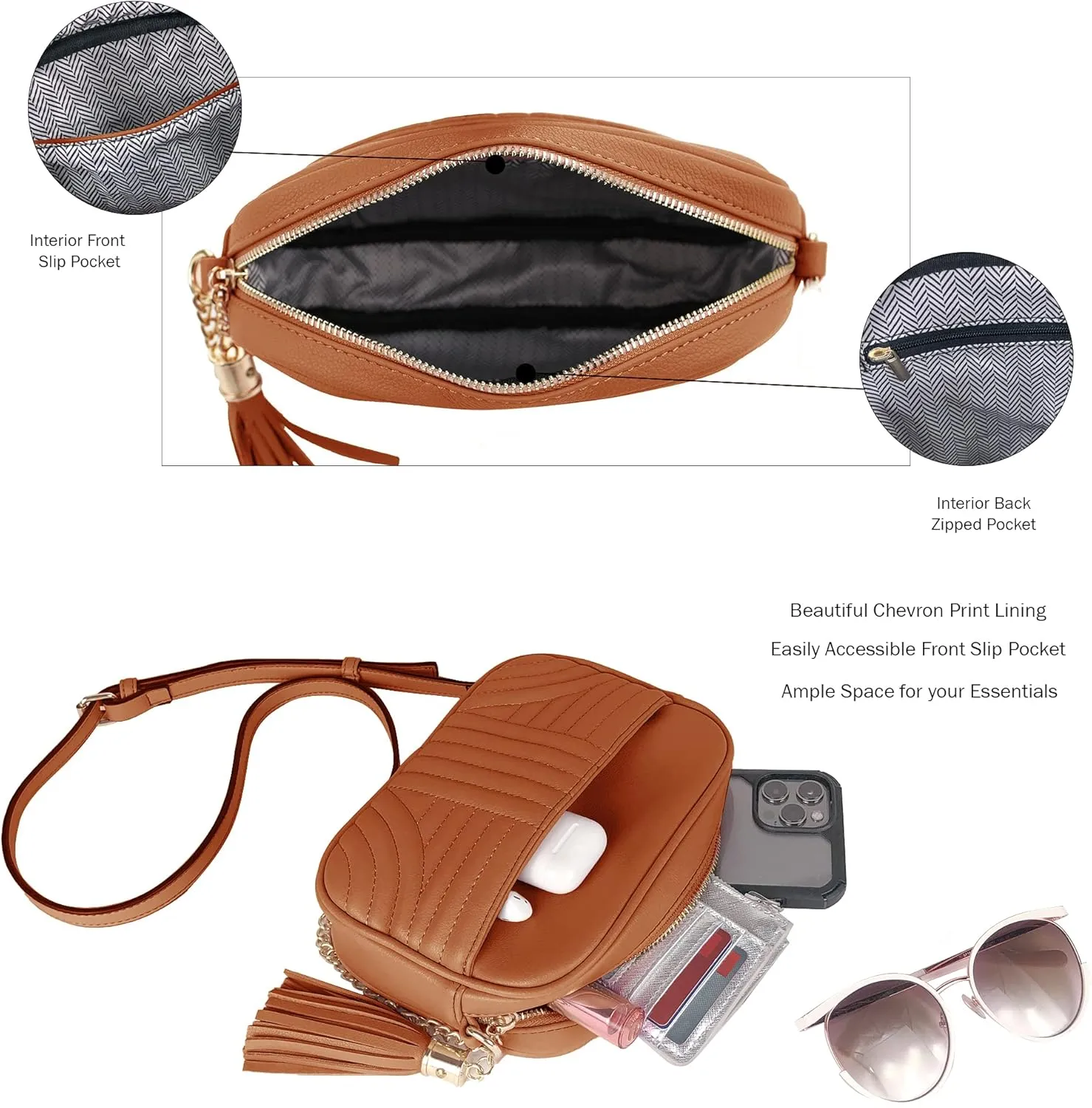 EVVE Quilted Crossbody Bags for Women - Stylish Camera Bag with Tassel - Lightweight Medium Size Shoulder Purse