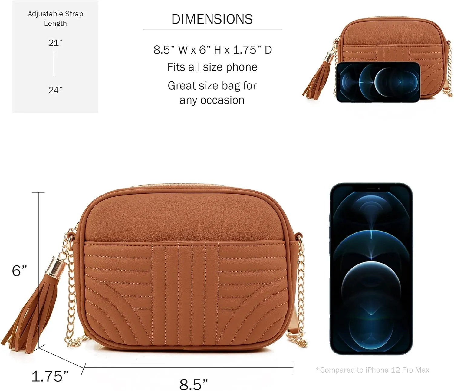 EVVE Quilted Crossbody Bags for Women - Stylish Camera Bag with Tassel - Lightweight Medium Size Shoulder Purse
