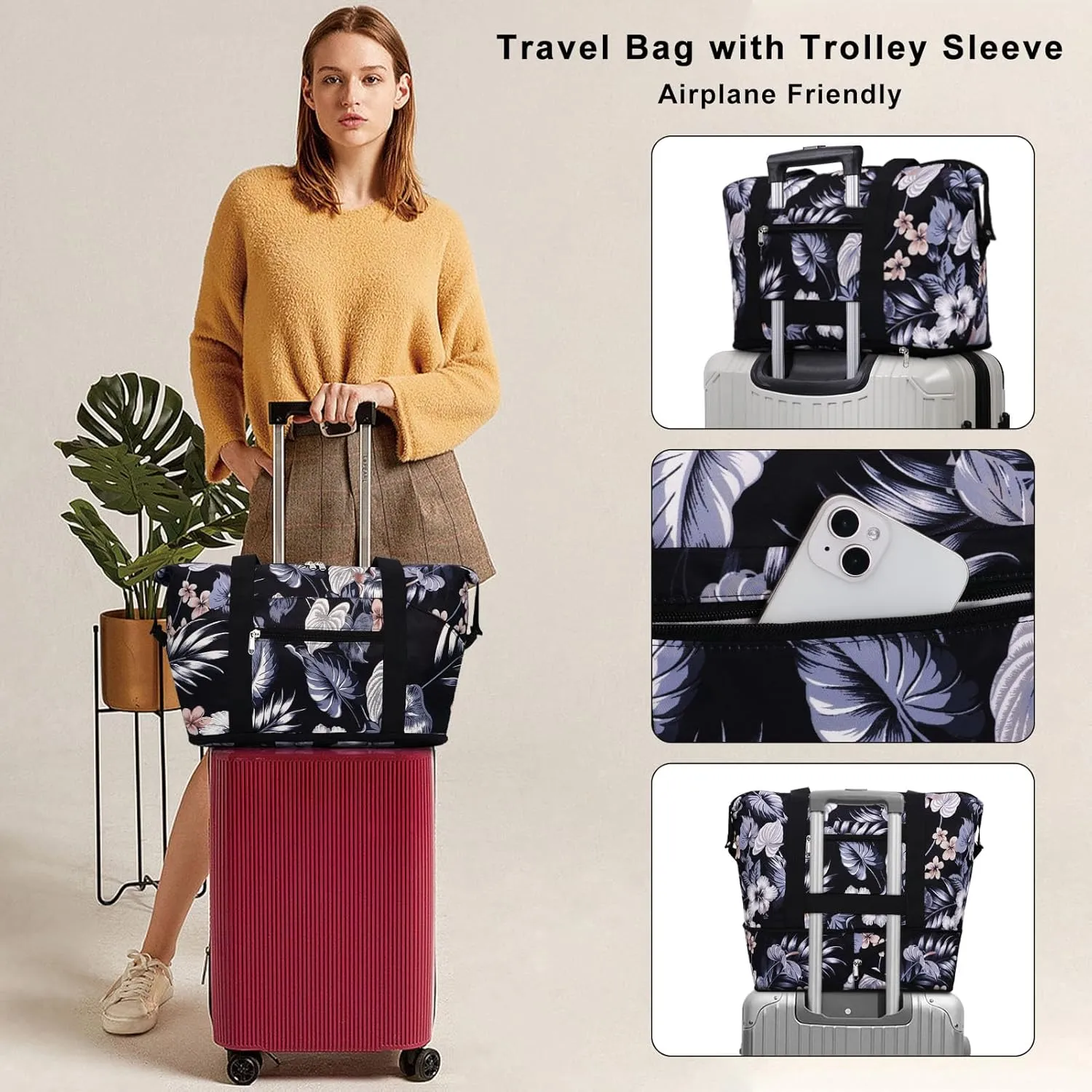 Expandable Duffel Bag for Women with Trolley Sleeve/Wet Pocket Weekender Travel Tote Large Carry On Overnight Luggage