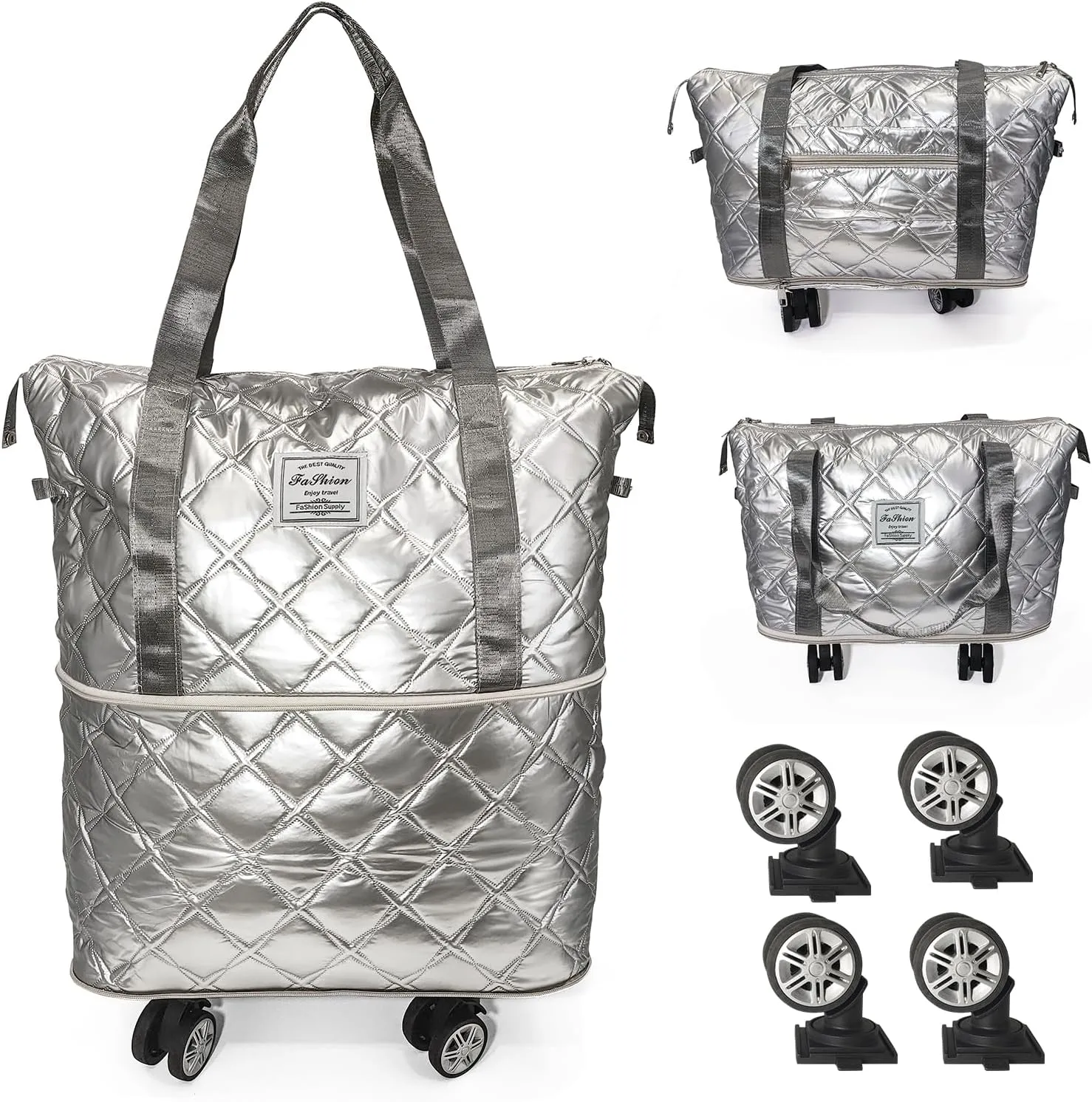 Expandable Duffel Rolling Mommy Travel Luggage Convertible Gym Weekend Bag for Women (Silver)