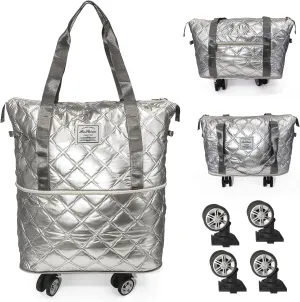 Expandable Duffel Rolling Mommy Travel Luggage Convertible Gym Weekend Bag for Women (Silver)