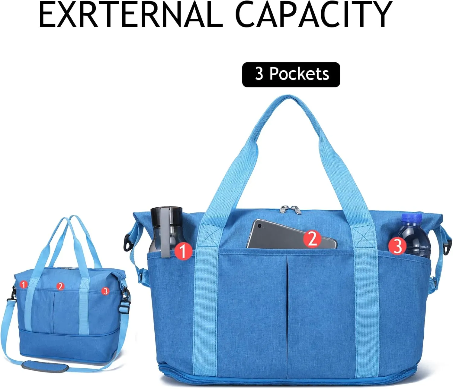 Expandable Duffle Bag for Travel, Weekender Overnight Carry On Bag for Women Men, Waterproof Large Capacity Travel Bag with Detachable Shoulder Strap and Wet Pocket(Blue)