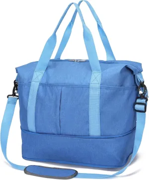 Expandable Duffle Bag for Travel, Weekender Overnight Carry On Bag for Women Men, Waterproof Large Capacity Travel Bag with Detachable Shoulder Strap and Wet Pocket(Blue)