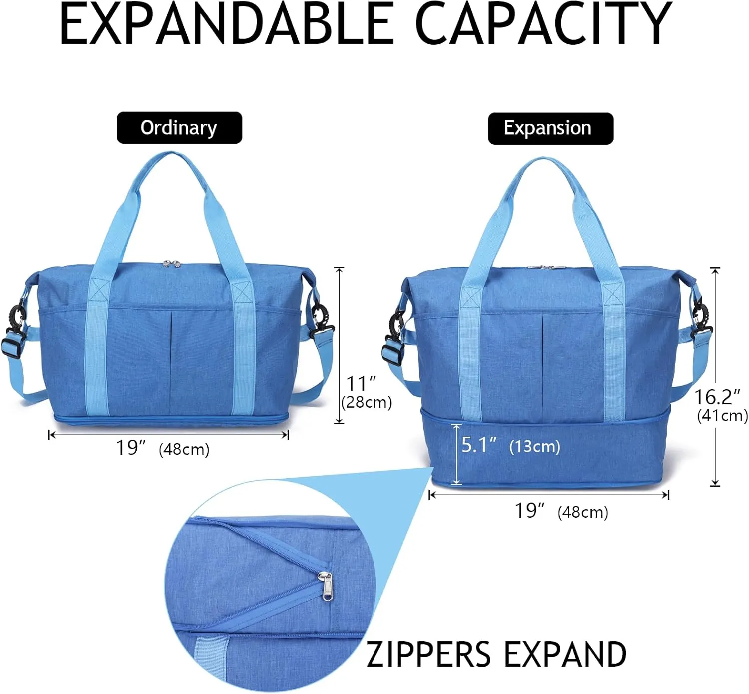 Expandable Duffle Bag for Travel, Weekender Overnight Carry On Bag for Women Men, Waterproof Large Capacity Travel Bag with Detachable Shoulder Strap and Wet Pocket(Blue)