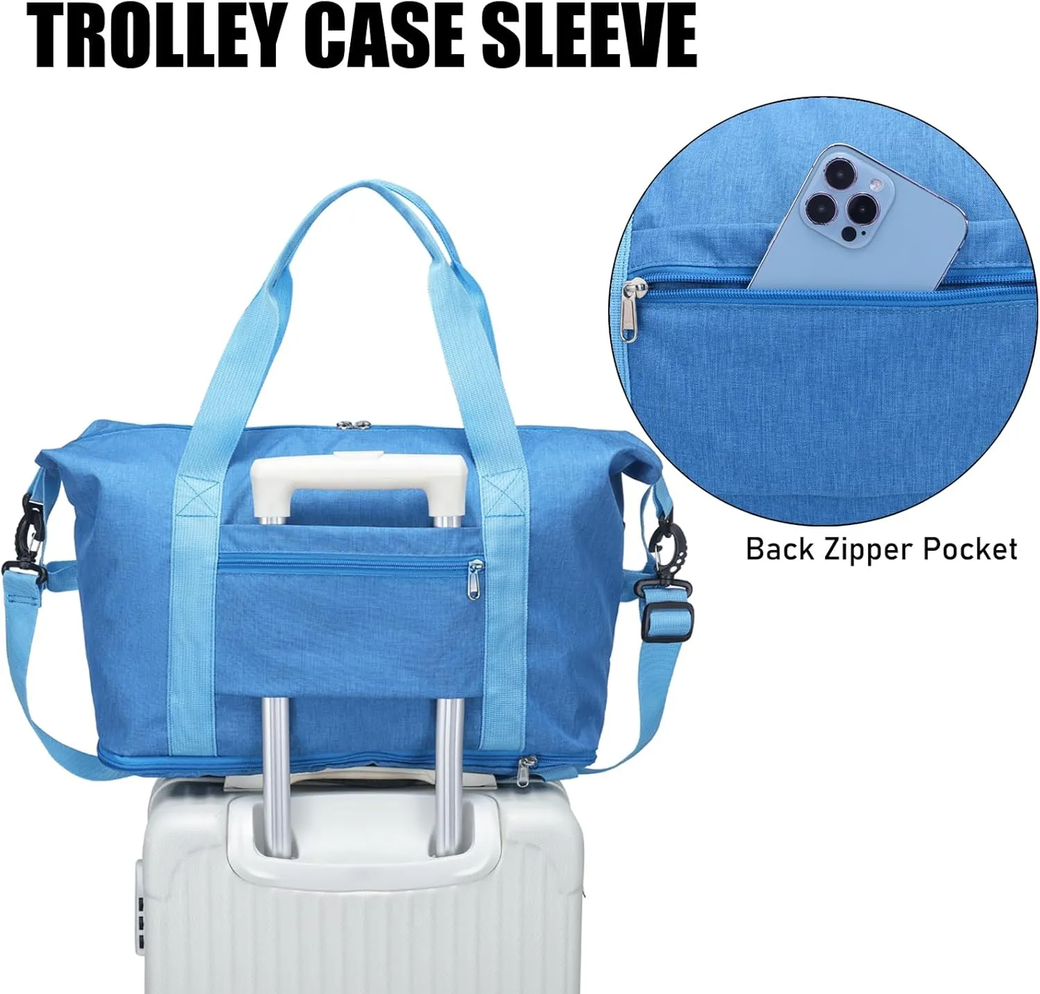 Expandable Duffle Bag for Travel, Weekender Overnight Carry On Bag for Women Men, Waterproof Large Capacity Travel Bag with Detachable Shoulder Strap and Wet Pocket(Blue)