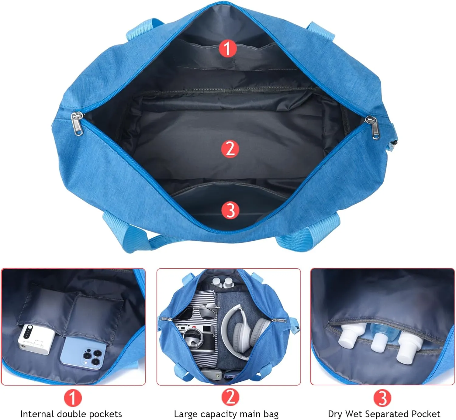 Expandable Duffle Bag for Travel, Weekender Overnight Carry On Bag for Women Men, Waterproof Large Capacity Travel Bag with Detachable Shoulder Strap and Wet Pocket(Blue)